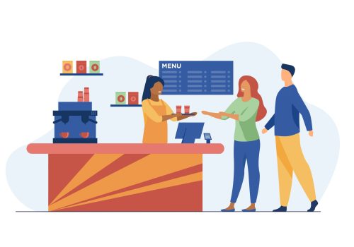 Young people ordering takeaway coffee in cafe. Barista, chat, network flat vector illustration. Hot beverages and service concept for banner, website design or landing web page